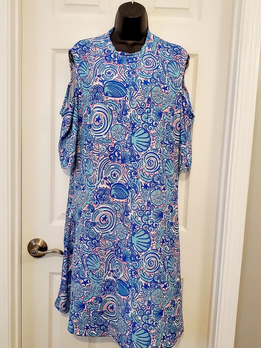 Simply Southern Blue and Pink Shell-Print Cold-Shoulder Midi Dress XL